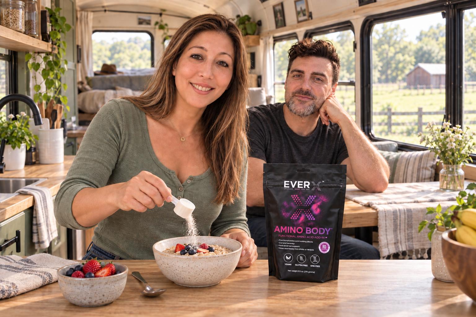Rachael Richardson, RDN scooping AminoBody™ into breakfast alongside Joshua Moyer